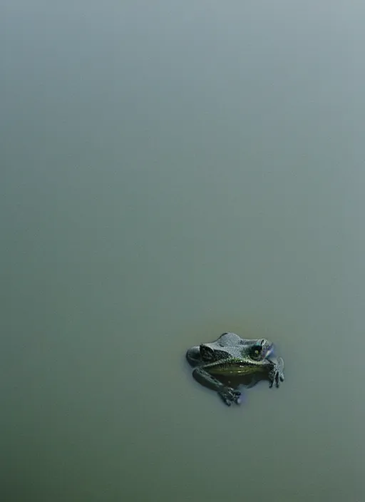 Image similar to “semitranslucent smiling frog vertically hovering over misty lake waters in crucifix pose, low angle, long cinematic shot by Andrei Tarkovsky, paranormal, eerie, mystical”