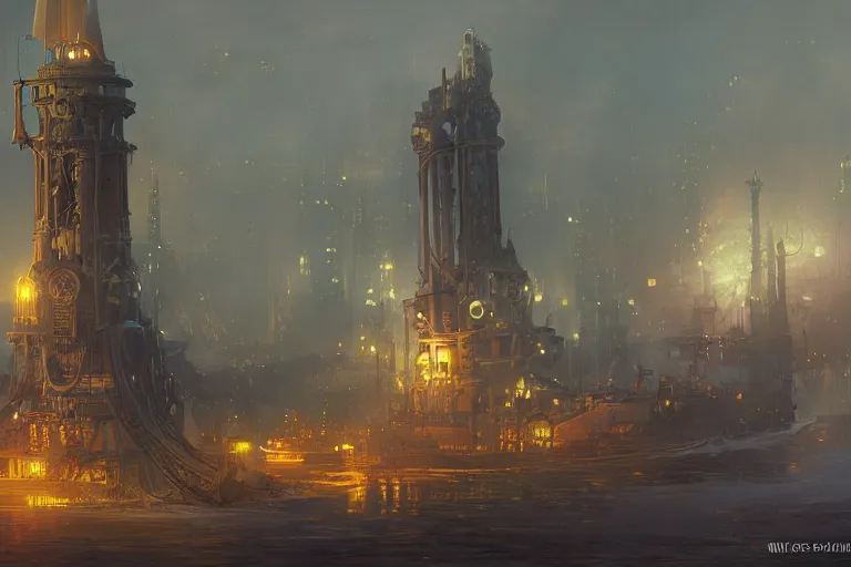 Prompt: wide view of a steampunk airship docking with a tall tower, fog, volumetric lighting, intricate, elegant, highly detailed, digital painting, artstation, concept art, smooth, sharp focus, art nouveau, art by raymond swanland and alphonse mucha