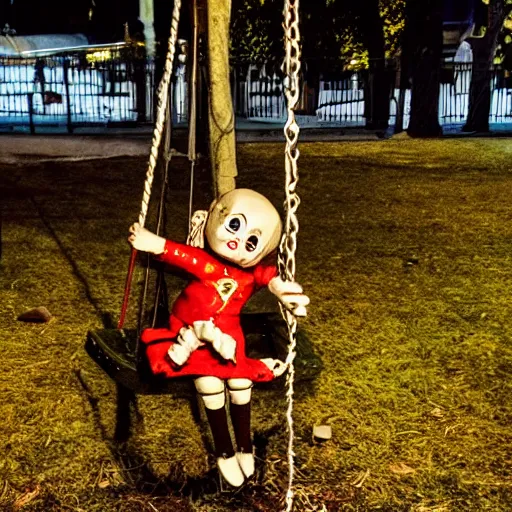 Prompt: a scary doll on a swing at a park, nighttime, real photo, realistic, hyper - realism, maximalist, horror movie, caution tape, illuminated by street lights, knife