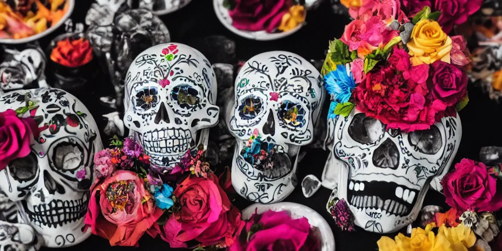 Prompt: a photo of a day of the death birthday party celebration, day of the dead themed foods and drinks, photo realistic, hyper realistic, detailed, sharp, focused, focused, detailed, sharp, instagram, influencer,