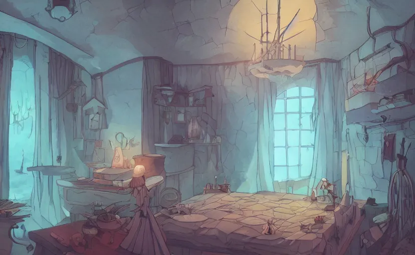 Image similar to a witch's room, crystal lights, mysterious atmosphere, cel - shading, cinematic, artstation, studio ghibli, miyazaki, highly details