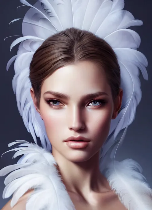 Image similar to a gorgeous female photo, professionally retouched, soft lighting, wearing a feather dress, realistic, smooth face, perfect eyes, wide angle, sharp focus on eyes, 8 k high definition, insanely detailed, intricate, elegant, art by artgerm and greg rutkowski and mark hill