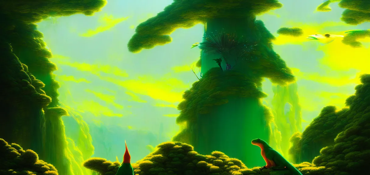 Prompt: post - minimalism portrait of jadeite forest, bird's eye view, lizardfolk shaman betraying, iridescent clouds, vibrant yellow color scheme, highly detailed, in the style of romanticism, cinematic, artstation, moebius, greg rutkowski