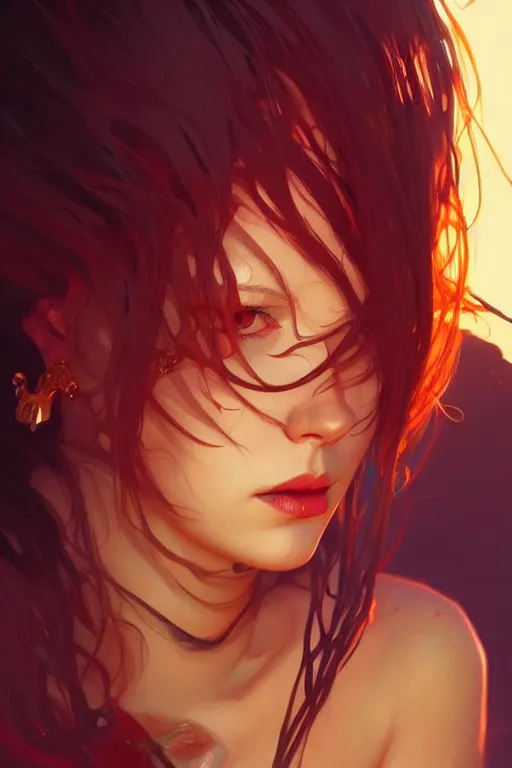 Image similar to a very beautiful savage woman, fantasy, portrait, sharp focus, intricate, elegant, digital painting, artstation, matte, highly detailed, concept art, illustration, ambient lighting, art by ilya kuvshinov, artgerm, alphonse mucha, and greg rutkowski