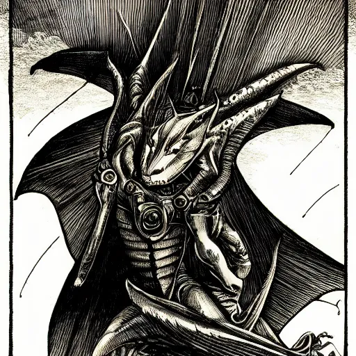 Image similar to precisely drawn illustration o flying wyvern, old-fashioned tarot card, victorian playing card, sepia tone, wide angle, sharp, fine details, French comic style, cyberpunk, intense line art, 8k, precise linework, realistic, shaded lighting by katsuhiro otomo ghost-in-the-shell, magali villeneuve, artgerm, rutkowski Jeremy Lipkin and Giuseppe Dangelico Pino and Michael Garmash and Rob Rey and Moebius