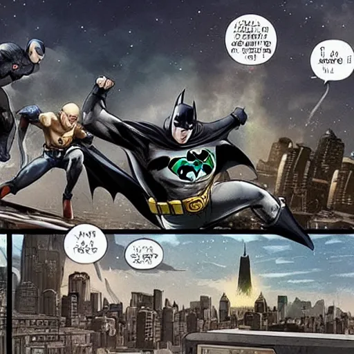 Image similar to standoff between batman and one punch man, on a train roof, in egypt, very detailed and realistic