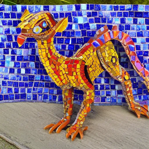 Image similar to mosaic sculpture of a alebrije chimera!!!, irregularly shaped mosaic tiles, hand glazed pottery shards, in the style of folk art, blank background