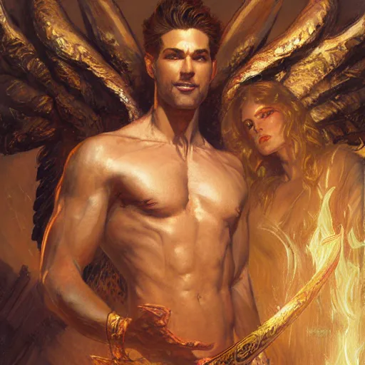 Image similar to attractive male deity casts dark spell, summons attractive male lucifer morningstar. highly detailed painting by gaston bussiere, craig mullins, j. c. leyendecker 8 k