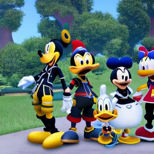 Image similar to screenshot of kingdom hearts 3, Disney and final fantasy crossover, donald duck and goofy npc characters, Kingdom hearts styled gameplay, unreal engine 4, kingdom hearts 3, kingdom hearts, cartoony lighting, disneyworld at kingdom hearts, sharp focus