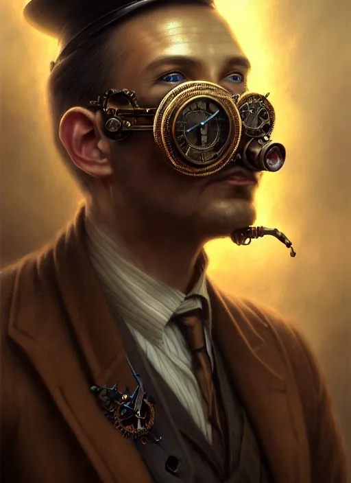 Prompt: closeup portrait shot of a steampunk detective in a scenic cyberpunk mystery environment, intricate, elegant, highly detailed, centered, digital painting, artstation, concept art, smooth, sharp focus, illustration, artgerm, tomasz alen kopera, peter mohrbacher, donato giancola, joseph christian leyendecker, wlop, boris vallejo