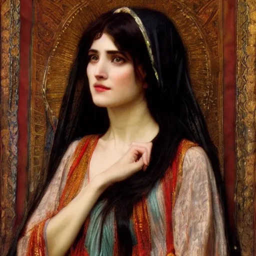 Prompt: orientalist portrait of a tired!!! witch in formal wear holding an iridescent oak magic wand intricate portrait by john william waterhouse and Edwin Longsden Long and Theodore Ralli and Henryk Siemiradzki, very coherent symmetrical artwork. Cinematic, hyper realism, high detail 8k