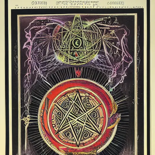 Prompt: < Occult Lithograph containing a connected diagram of colorful magical symbols, reagents, and alchemical devices