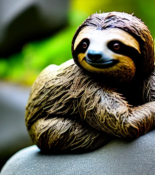 Prompt: a photograph of a sloth levitating while meditating in a zen rock garden, nature photography, highly detailed, intricate details, sharp focus, celestial
