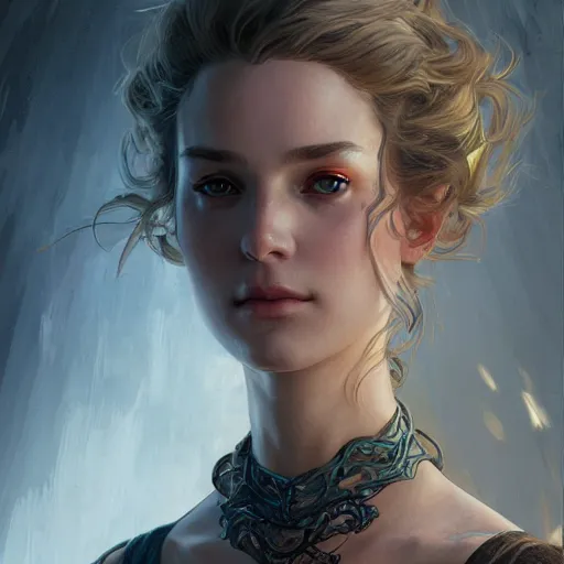 Image similar to portrait of an Alyx Vance, D&D, fantasy, intricate, elegant, highly detailed, digital painting, artstation, concept art, smooth, sharp focus, illustration, art by artgerm and greg rutkowski and alphonse mucha