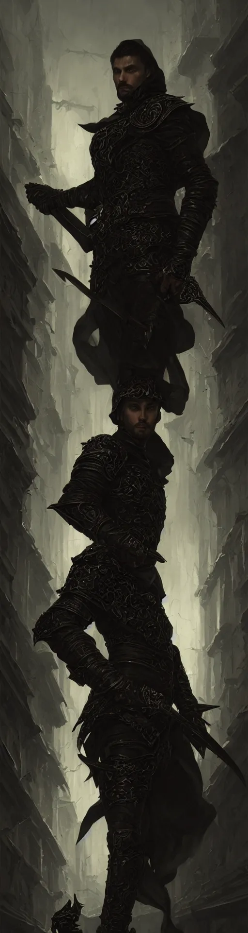 Image similar to portrait of andrei andrei as a thief wearing black leather armor and wielding a dagger in a dark alleyway, fantasy, intricate, elegant, highly detailed, digital painting, artstation, concept art, matte, sharp focus, illustration, art by roberto ferri and greg rutkowski