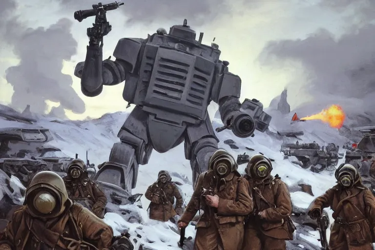 Prompt: intense vibrant film still of infantry wearing trenchcoats and gas masks! charging across a bridge, giant mechs * in the background, sci fi, snowy mountain battle 1 9 4 4, airplanes, oil painting by john singer sargent, adrian smith, greg rutkowski, trending on artstation