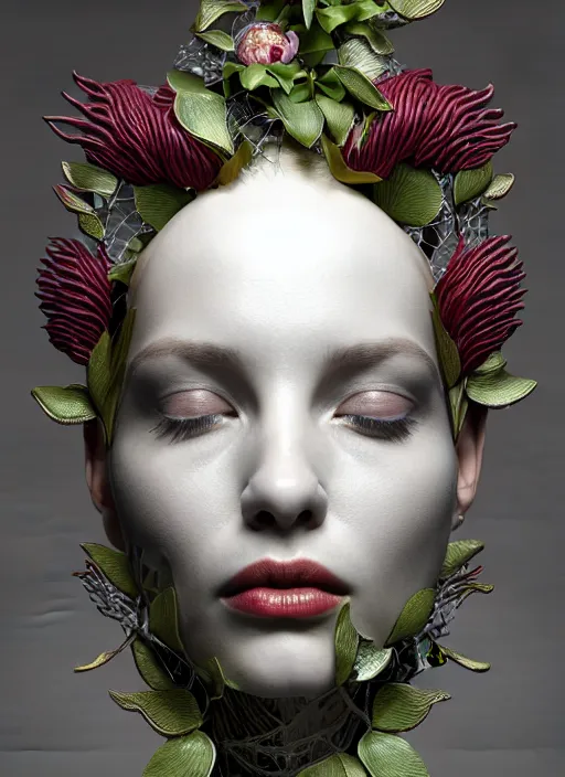 Image similar to complex 3d render ultra detailed of a beautiful porcelain profile woman face, mechanical vegetal cyborg, 150 mm, beautiful natural soft light, rim light, Alexander Mcqueen haute couture, silver gold details, surreal portrait, magnolia big leaves and stems, roots, fine foliage lace, mesh wire, intricate details, hyperrealistic, mandelbrot fractal, anatomical, red lips, silver metal armor, facial muscles, cable wires, microchip, elegant, white background, octane render, H.R. Giger style, 8k