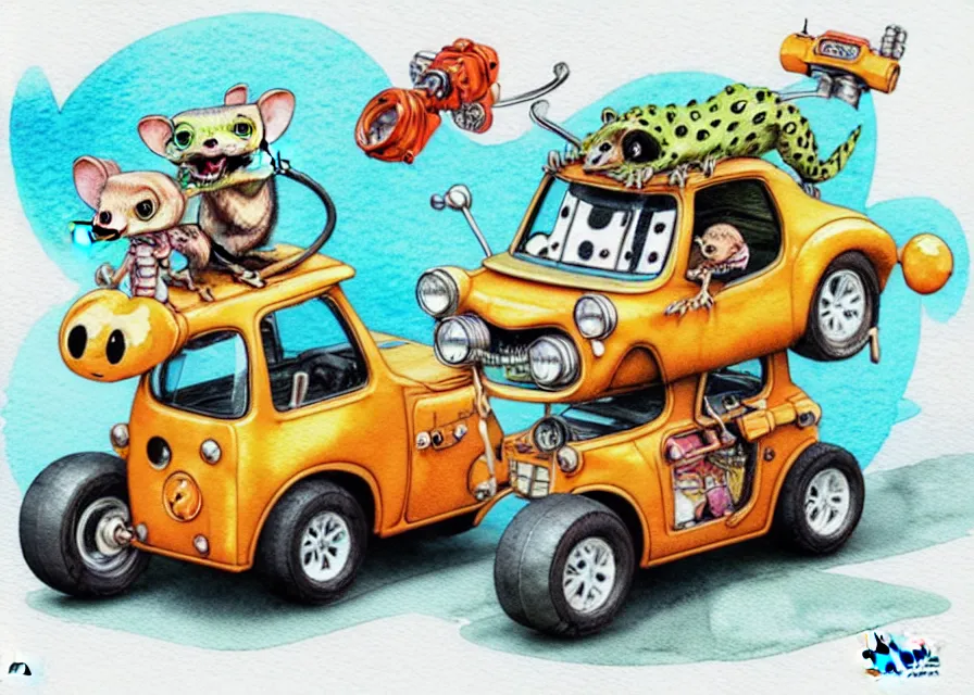 Image similar to cute and funny, quoll riding in a tiny hot rod with oversized engine, ratfink style by ed roth, centered award winning watercolor pen illustration, isometric illustration by chihiro iwasaki, edited by range murata, tiny details by artgerm and watercolor girl, symmetrically isometrically centered