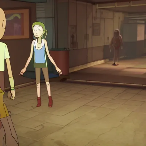 Image similar to playstation 5 screenshot of silent hill, rick and morty