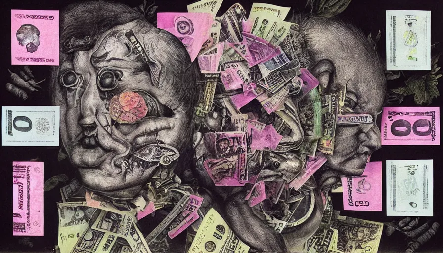 Image similar to post - punk new age album cover, asymmetrical design, dollar bank notes, capitalism, magic, apocalypse, psychedelic, black white pink, magic, giger h. r., giuseppe arcimboldo