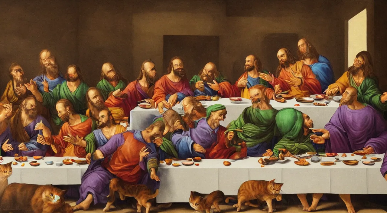 Image similar to painting of the last supper portrayed by cute cats