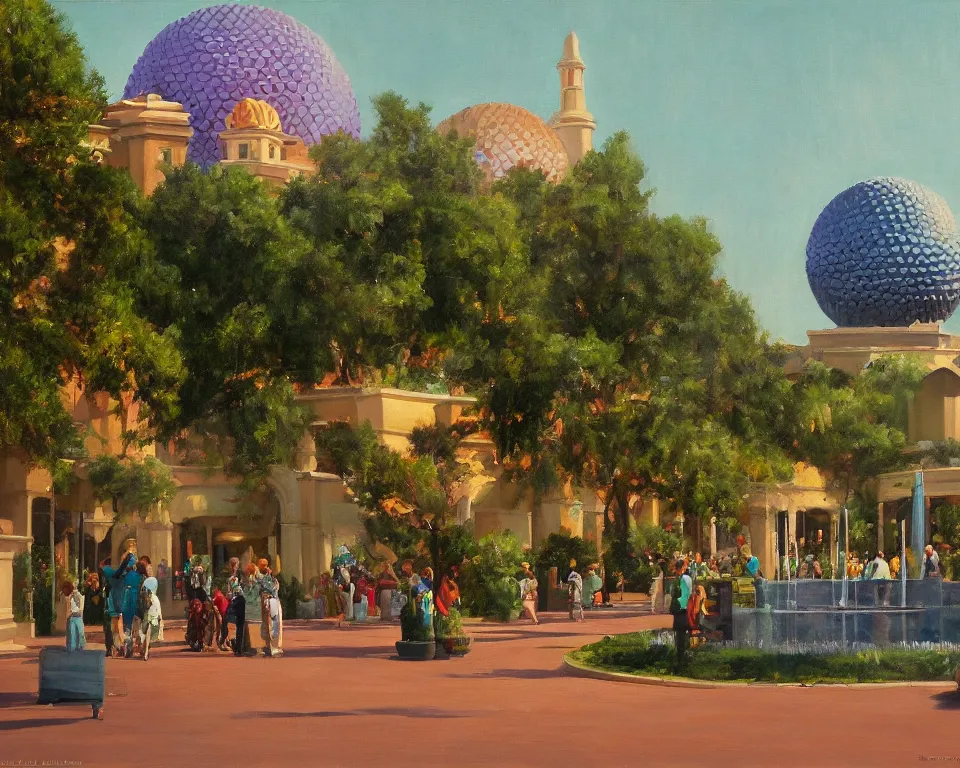 Image similar to an achingly beautiful oil painting of EPCOT by Raphael and Hopper.