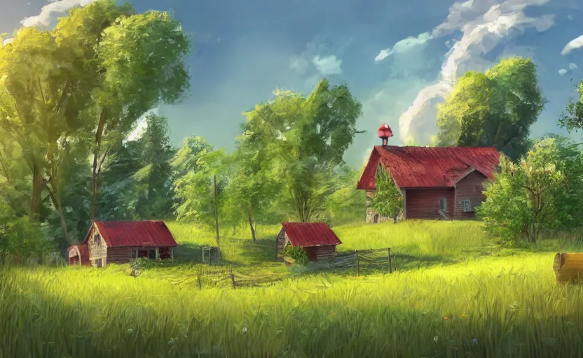 Image similar to artbook drawing of a small farm house in a pleasant meadow, tall trees and sunny skies with puffy clouds, concept art, detailed, warm colors, global illumination, intricate, heavenly