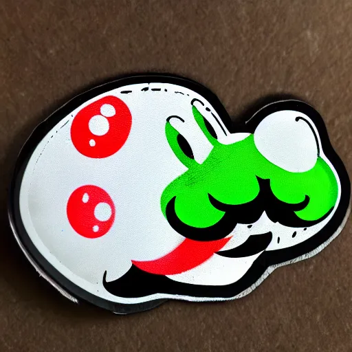 Image similar to die cut sticker, yoshi wearing mario's mustache, splatter paint