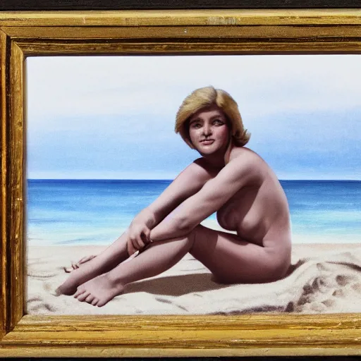 Prompt: A young Judi Bowker relaxing at a beach::highly detailed and intricate, sharp image