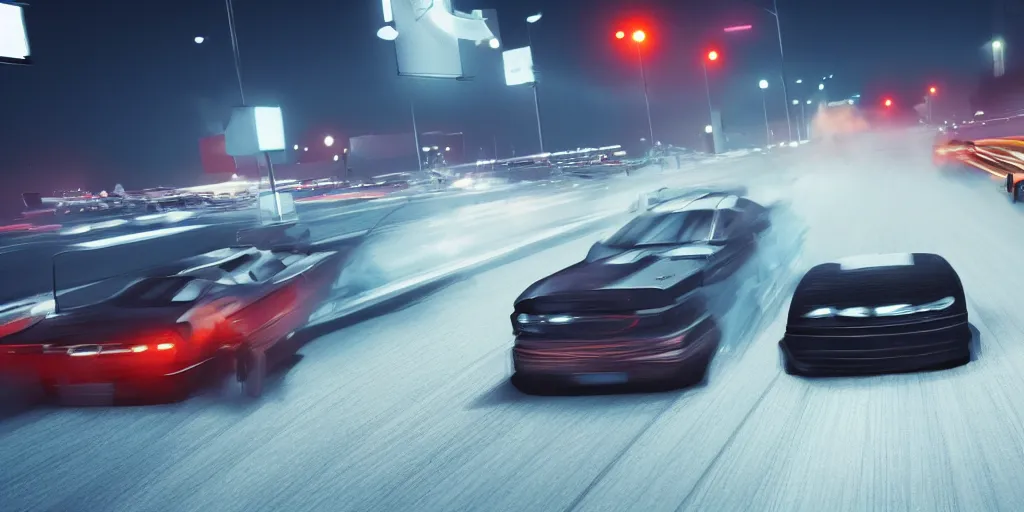 Image similar to a drawing of two cars drag racing in the middle of the night while being chased by the police, realism, octane render, intense,