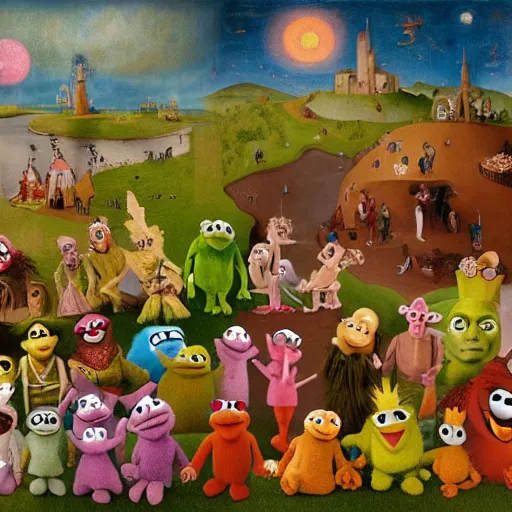 Image similar to painting of muppets and teletubbies, in the style of hieronymus bosch