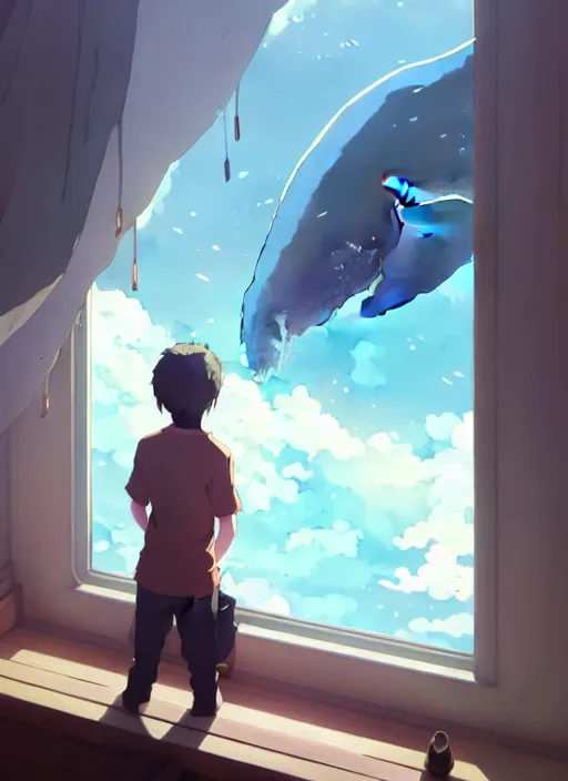 Image similar to boy and girl watching outside from a window, big whales on are on the the sky, illustration concept art anime key visual trending pixiv fanbox by wlop and greg rutkowski and makoto shinkai and studio ghibli