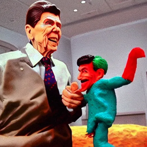 Prompt: claymation ronald reagan vs 🦕