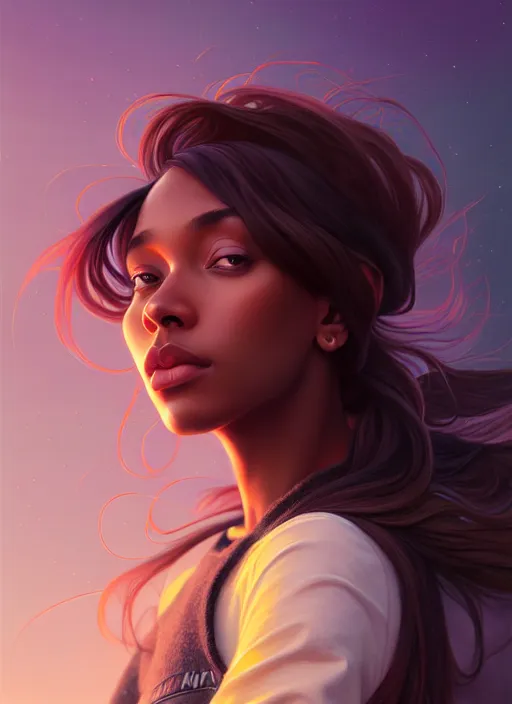 Image similar to handsome young black women with shoulder length brown hair, half body shot, path traced, highly detailed, high quality, digital painting, alena aenami, lilia alvarado, shinji aramaki, karol bak, alphonse mucha, tom bagshaw