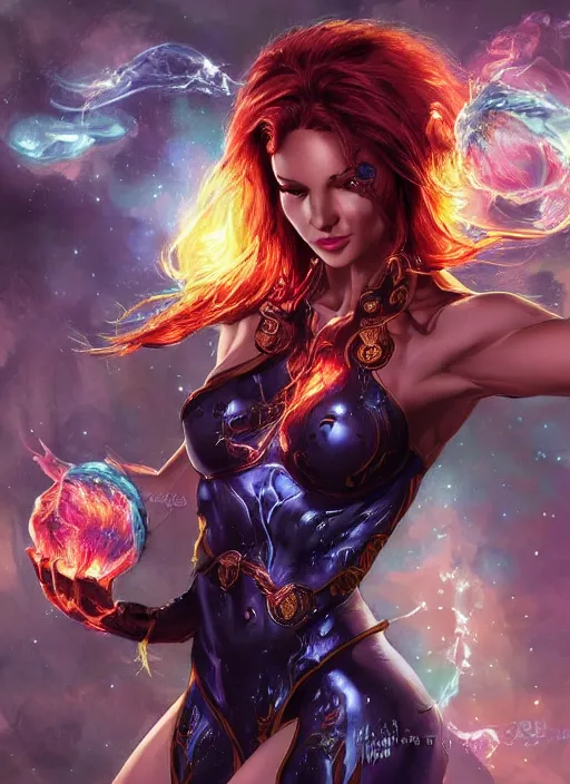 Image similar to front portrait hands behind body pose of attractive Starfire with ginger wavy hair, hands behind her body pose!, Intricate overlay flames imagery , D&D!, fantasy style, sharp focus!, ultra detailed, art by Artgerm and Peter Andrew Jones, WLUP