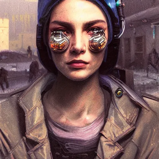 Image similar to A portrait of a cyberpunk thug on the street of Soviet sleeping quarters on the moon, Norilsk, sci-fi, fantasy, intricate, very very beautiful, elegant, highly detailed, digital painting, artstation, concept art, smooth, sharp focus, illustration, art by artgerm and greg rutkowski and alphonse mucha