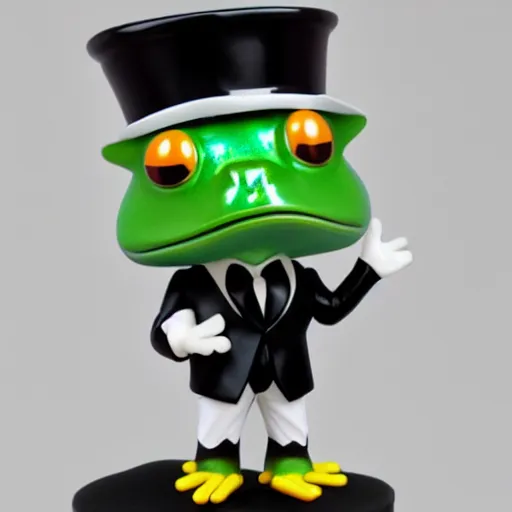 Image similar to funko pop of a frog wearing a tuxedo