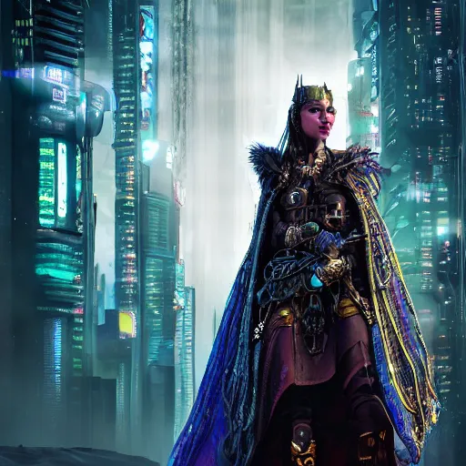 Prompt: beautiful cyberpunk warrior queen with ornate cloak, highly detailed, 4k, HDR, smooth, sharp focus, hyper realistic, high resolution, award-winning photo