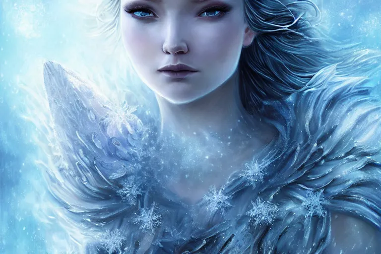 Image similar to Majestic beautiful young female ice goddess!! running from being corrupted by fire, intricate, epic, elegant, menacing, fantasy, highly detailed, digital painting, hard focus, beautiful volumetric lighting, epic light, ultra detailed, souls, smoke, icicle, frozen by Leesha Hannigan, Ross Tran, Thierry Doizon, Kai Carpenter, Ignacio Fernández Ríos