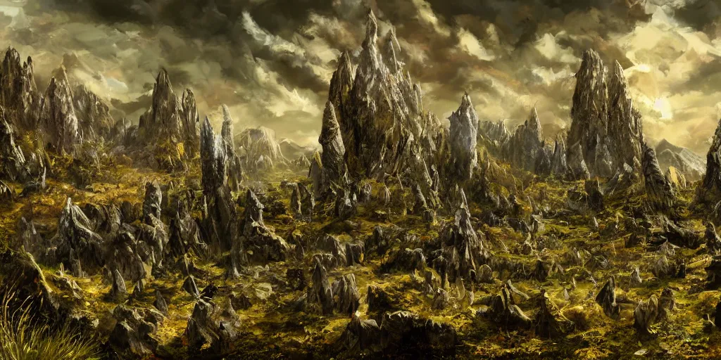 Image similar to Artwork in style of The Elder Scrolls Oblivion of the cinematic view of the Celestial Forest of Buried Enchantments.