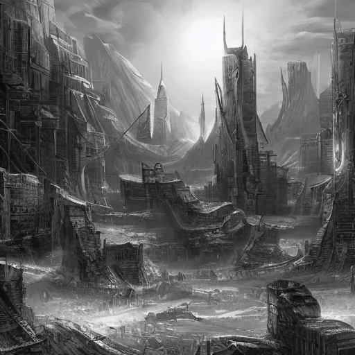 Image similar to landscape of apocalypse city, grayscale, by stanley artgerm lau