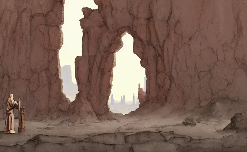 Prompt: a hyperrealist watercolor concept art of a medieval monk in grey robes in monument valley looking through a small rock arch at a castle from an alien world. very muted colors, by rebecca guay, michael kaluta, charles vess. high detail, hq, wide shot, 4 k