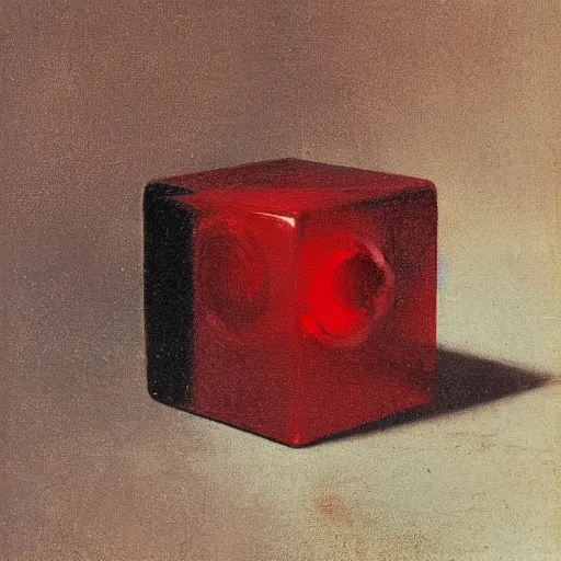 Prompt: chrome spheres on a red cube by rembrandt