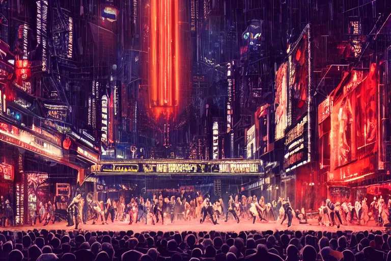 Prompt: photo of a huge theaterstage, theaterplay is bladerunner, 3 actors on stage, 8 k, multicolored, exaggerated detailed, long shot