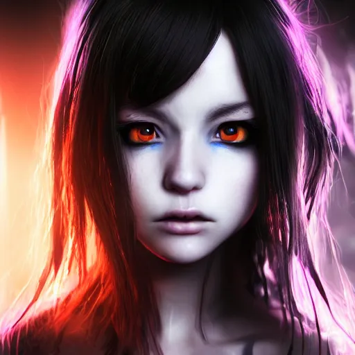 Image similar to photorealistic full shot portrait of angry darkness anime girl, electric aura, beautifull eyes, inspired by tim burton, detailed, unreal engine 4 k, volumetric light, fog