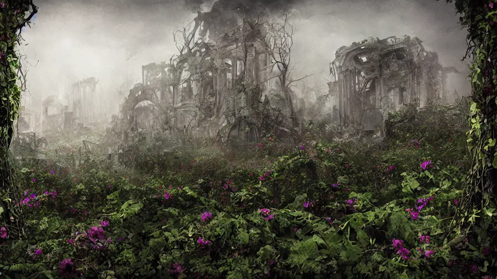 Image similar to an apocalyptic ruins, flowery, vines, foggy, eerie, scary, digital art