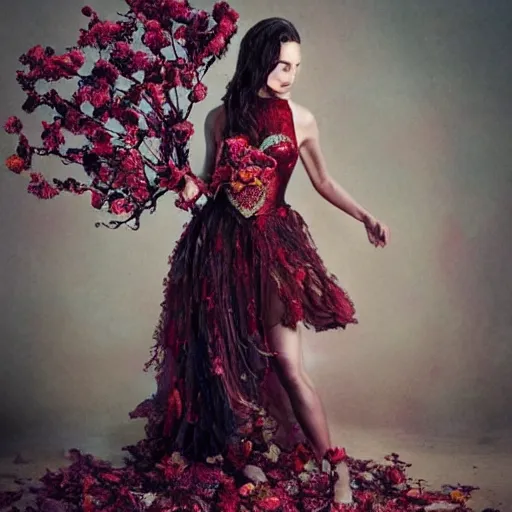 Prompt: full body fine art photo of the beauty gal gadot, she has a crown and a dress made of dried roses done by oleg oprisco