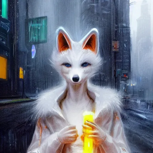 Image similar to white anthropomorphic female vulpes vulpes fulva, long snout, fluffy tail, smoking a cigarette in the rain, in crowded and wet street of a city, cyberpunk, harsh neon lights, highly detailed, digital painting, trending on artstation, concept art, sharp focus, illustration, art by artgerm and greg rutkowski and magali villeneuve