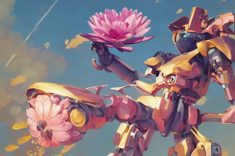 Prompt: flower headed combat mecha whose top half is shaped like a waterlily, bandai box art, behance hd artstation by jesper ejsing, rhads, makoto shinkai, lois van baarle, ilya kuvshinov, ossdraws, laurie greasley, victo ngai, andreas rocha, gundam box art