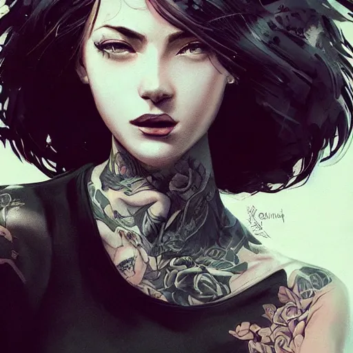 Image similar to french bar maid, tattoos, black t - shirt, black skirt, detailed portrait, intricate complexity, by greg rutkowski, artgerm, ross tran, conrad roset, takato yomamoto, ilya kuvshinov. 4 k, beautiful, cinematic dramatic atmosphere